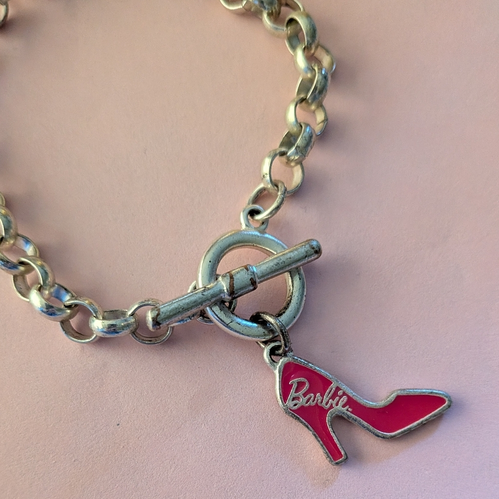 Vintage Barbie Links Stainless Silver Bracelet Hot Neon Pink Shoe Charm Like New